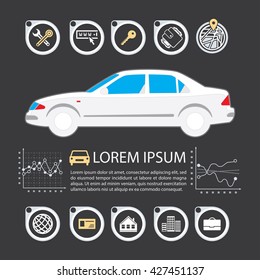 Information Graphics design element and vehicle. Illustrations for the use of imaging information about the car and transport. Set elements of infographics.