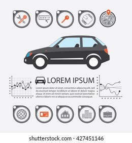 Information Graphics design element and vehicle. Illustrations for the use of imaging information about the car and transport. Set elements of infographics.