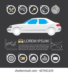 Information Graphics design element and vehicle. Illustrations for the use of imaging information about the car and transport. Set elements of infographics.