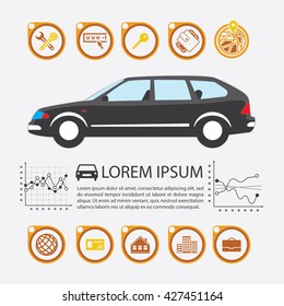 Information Graphics design element and vehicle. Illustrations for the use of imaging information about the car and transport. Set elements of infographics.