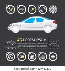 Information Graphics design element and vehicle. Illustrations for the use of imaging information about the car and transport. Set elements of infographics.