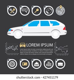 Information Graphics design element and vehicle. Illustrations for the use of imaging information about the car and transport. Set elements of infographics.
