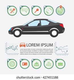Information Graphics design element and vehicle. Illustrations for the use of imaging information about the car and transport. Set elements of infographics.