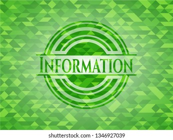 Information green emblem. Mosaic background