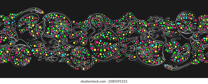 Information grid in neurographic style. Abstract black background with colorful elements. Vector texture of chaotic waves, particles, circles. Posters for presentations, business, technology, medicine