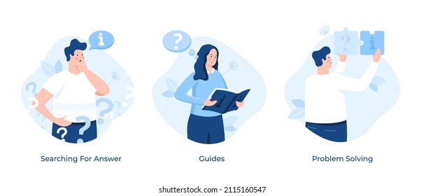 Information guide and problem solving collection - thoughtful person searching for answer to question, woman reading guideline, man assemble jigsaw puzzle. Modern flat vector illustrations for banner.