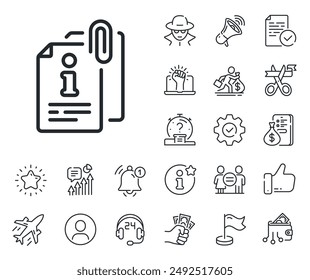 Information guide sign. Salaryman, gender equality and alert bell outline icons. Attached info line icon. Attachment file symbol. Attached info line sign. Spy or profile placeholder icon. Vector