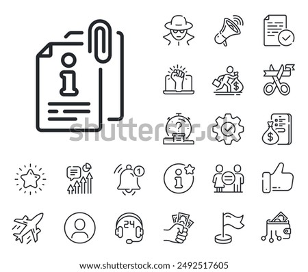 Information guide sign. Salaryman, gender equality and alert bell outline icons. Attached info line icon. Attachment file symbol. Attached info line sign. Spy or profile placeholder icon. Vector