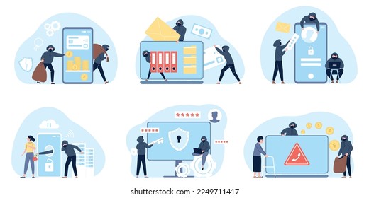 Information hacking, security money and hacks computer. Cartoon internet hackers, protection and theft. Flat digital fraud and cyber crime recent vector scene