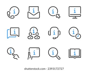 Information and Help center vector line icons. Faq, Info, Helpdesk, Guidance and Instruction outline icon set.