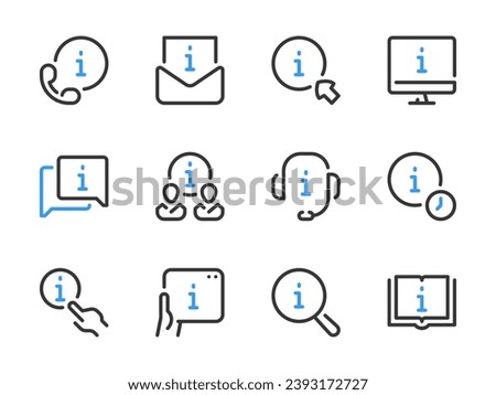 Information and Help center vector line icons. Faq, Info, Helpdesk, Guidance and Instruction outline icon set.
