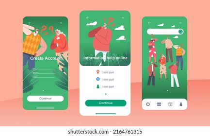 Information hilft Online Mobile App Page Onboard Screen Template. Alte Zeichen mit Fragezeichen über Kopf. Vergessenes Senior Men and Women Pensioners Konzept. Vektorgrafik von Cartoon People