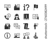 Information and help services, monochrome icons set. Customer support, FAQ, consultation, info desk, hotline, user assistance, knowledge access, guidance. Black and white symbols style.
