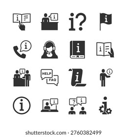 Information and help services, monochrome icons set. Customer support, FAQ, consultation, info desk, hotline, user assistance, knowledge access, guidance. Black and white symbols style.
