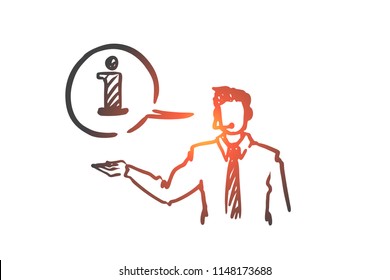 Information, help, support, contact, operator concept. Hand drawn call manager gives information to client clothes concept sketch. Isolated vector illustration.