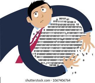 Information hoarder dragging computer code closer to him and guarding it, EPS 8 vector illustration