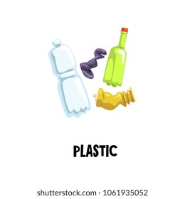 Information icon about plastic waste. Empty tube and two bottles. Sorting and recycling household garbage. Flat vector for social advertising