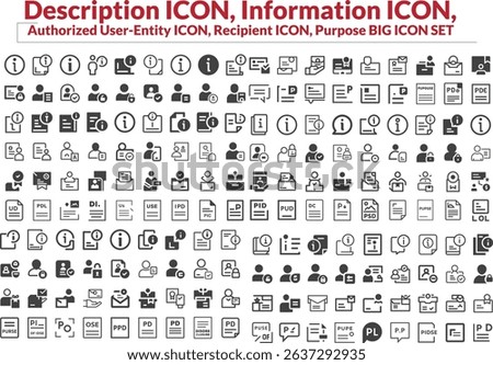 Information Icon, Authorized User Entity Icon, Recipient Icon, Purpose Big Icon Set. Document With Official Blue Seal Magnifying Glass, And Minimalist Plant Design