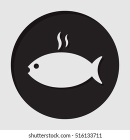 information icon - black circle, white grilling fish with smoke and shadow
