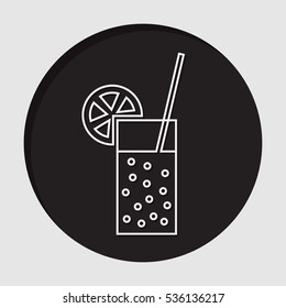 information icon - black circle with white glass with carbonated drink, straw and citrus and shadow