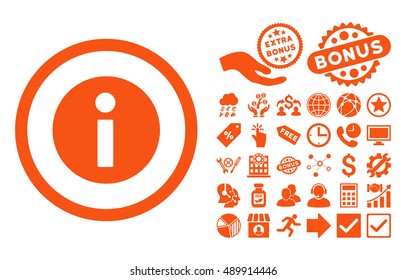 Information icon with bonus symbols. Vector illustration style is flat iconic symbols, orange color, white background.