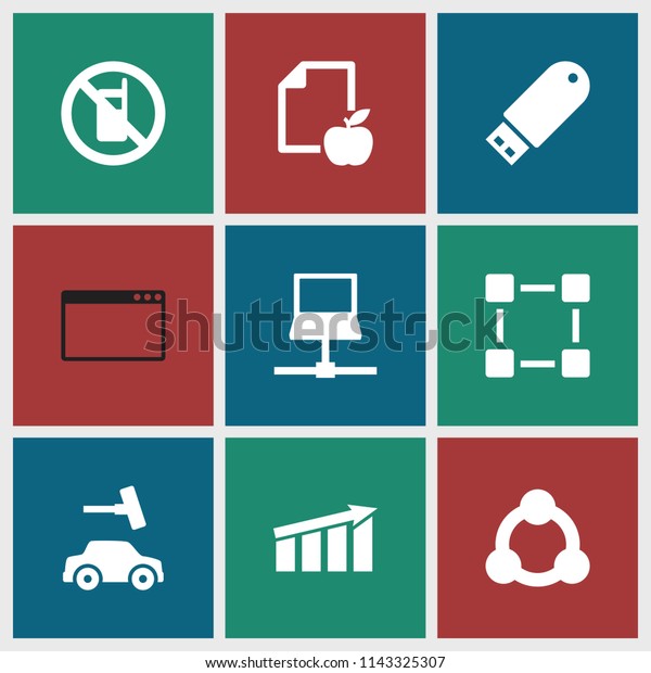 Information icon.\
collection of 9 information filled icons such as no phone, car\
wash, paper and apple, flash drive, laptop. editable information\
icons for web and\
mobile.