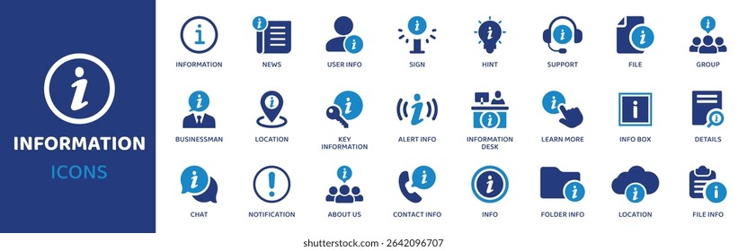 Information - Icon Collection. Thin Line Set contains such Icons as Info, Help, FAQ, Guide, Support, Document, Article and more. Simple web icons set.