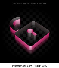 Information icon: Crimson 3d Opened Padlock made of paper tape on black background, transparent shadow, EPS 10 vector illustration.