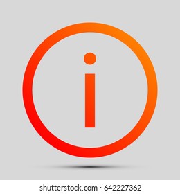 Information icon illustration. Vector. Orange, red-yellow icon with shadow on gray background.