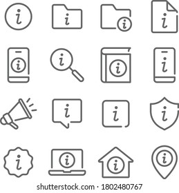 Conjunto de vectores de ilustración de icono de información. Contiene iconos como Información, Helpdesk, FaQ, Acerca de, Detalles, Móvil, Documento y más. Paro expandido