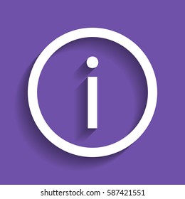 Information icon illustration. Vector. White icon with soft shadow on grape violet background.