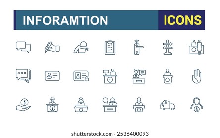 Information icon pack. Contains such icons as news, information, inquiry, instruction, email, data and more. Simple web icons. Editable stroke. Vector illustration.