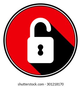 information icon - red circle with black outline and white open padlock with stylized black shadow