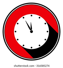 information icon, red circle with black outline, black and white last minute clock with stylized black shadow