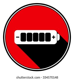information icon, red circle with black outline and white battery full with stylized black shadow