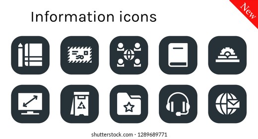  information icon set. 10 filled information icons. Simple modern icons about  - Notebook, Mail, Network, Book, Manual, Television, Danger, Folder, Support, Email