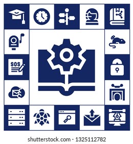 information icon set. 17 filled information icons.  Collection Of - Mortarboard, Mail, Support, Ebook, Email, Mouse, Padlock, Trick, Server, Watch, Turtle, Signpost, Browser, Call center