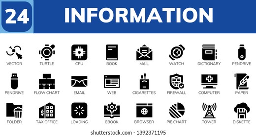 information icon set. 24 filled information icons.  Simple modern icons about  - Vector, Turtle, Cpu, Book, Mail, Watch, Dictionary, Pendrive, Flow chart, Email, Web, Cigarettes