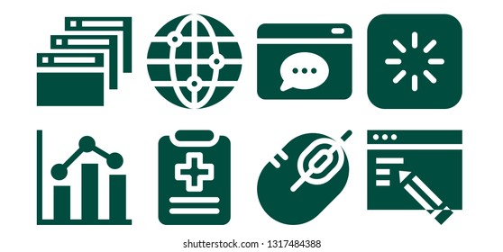 information icon set. 8 filled information icons.  Simple modern icons about  - Analytics, Browser, Medical report, Worlwide, Mouse, Web design, Loading