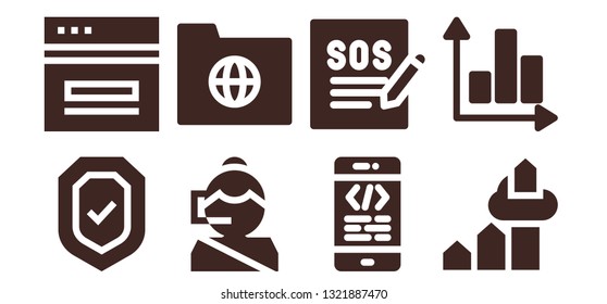 information icon set. 8 filled information icons.  Collection Of - Security, Web, Call center, Folder, Coding, Support, Chart, Graph