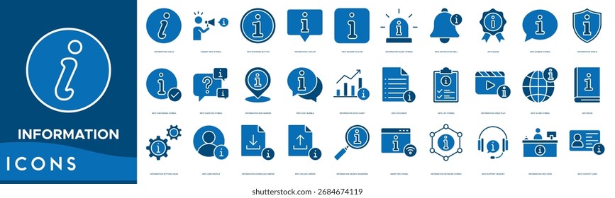 Conjunto de iconos de información. Círculo de información, información urgente, Botón redondeado de información, información sobre herramientas, esquema cuadrado de información y alerta de información