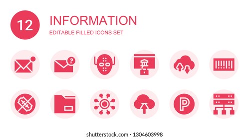 information icon set. Collection of 12 filled information icons included Email, Serial killer, Password, Cloud, No weapons, Data, Network, Upload, Parking, Barcode, Server