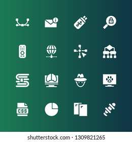 information icon set. Collection of 16 filled information icons included Hub, Cards, Pie chart, Css, Television, Journalist, Artificial intelligence, Book, Algorithm, Vector, Internet