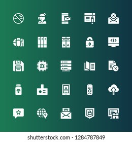information icon set. Collection of 25 filled information icons included Code, Security, Mail, Location, Feedback, Cloud computing, Remote, Navigation, Projector, Pendrive, Document