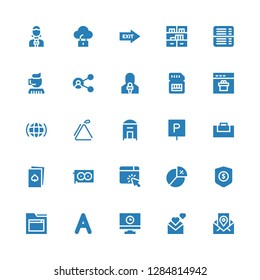 information icon set. Collection of 25 filled information icons included Email, Computer, Vocabulary, Website, Protection, Diagram, Graphic card, Cards, Gym bag, Parking, Mail