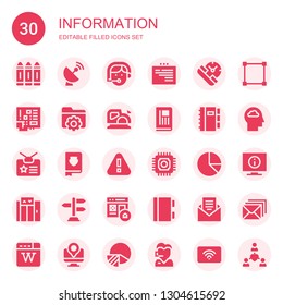 information icon set. Collection of 30 filled information icons included Crayon, Satellite dish, Phone operator, Web, Service, Microchip, Folder, Planer, Newspaper, Notebook, Identity