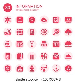 information icon set. Collection of 30 filled information icons included Question, Upload, Cd, Cloud storage, Magazine, Projector, Grid, Fingerprint scan, Network, Error, Call center