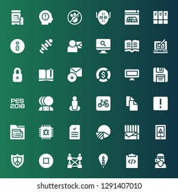 information icon set. Collection of 36 filled information icons included Call center, Programming, Location, Network, Stop, Protect, Navigation, Chocolate, Pie chart, Document