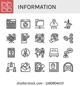 conjunto de iconos de información. Colección de carpetas, artículo, explorador, recurso compartido, nube, torre, microchip, papel, cadena de bloqueo, informe, diagrama, pregunta, contacto, cama, correo electrónico, iconos de almacenamiento en nube