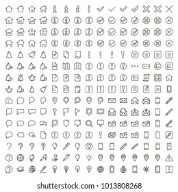 Information icon set. Collection of high quality outline info pictograms in modern flat style. Black information technology symbol for web design and mobile app on white background. Help line logo.